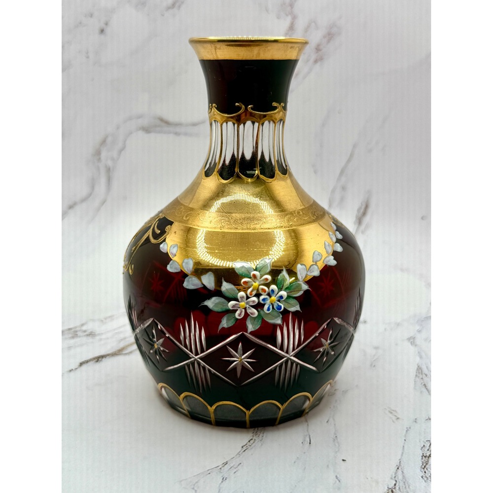 Vintage Czech Bohemian Ruby Red Cut to Clear Glass Vase Gold Floral Enamel 6.5"